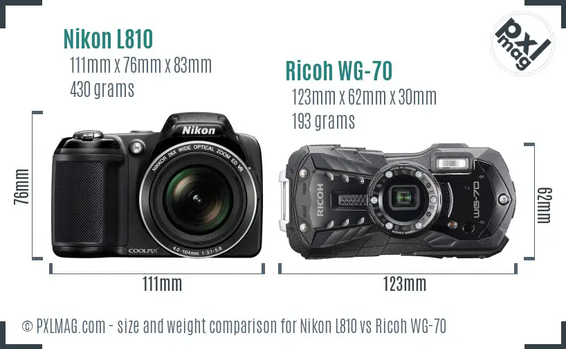 Nikon L810 vs Ricoh WG-70 size comparison