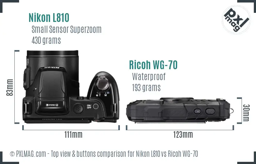 Nikon L810 vs Ricoh WG-70 top view buttons comparison