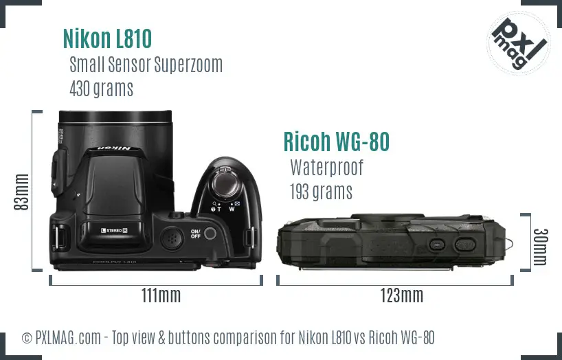 Nikon L810 vs Ricoh WG-80 top view buttons comparison