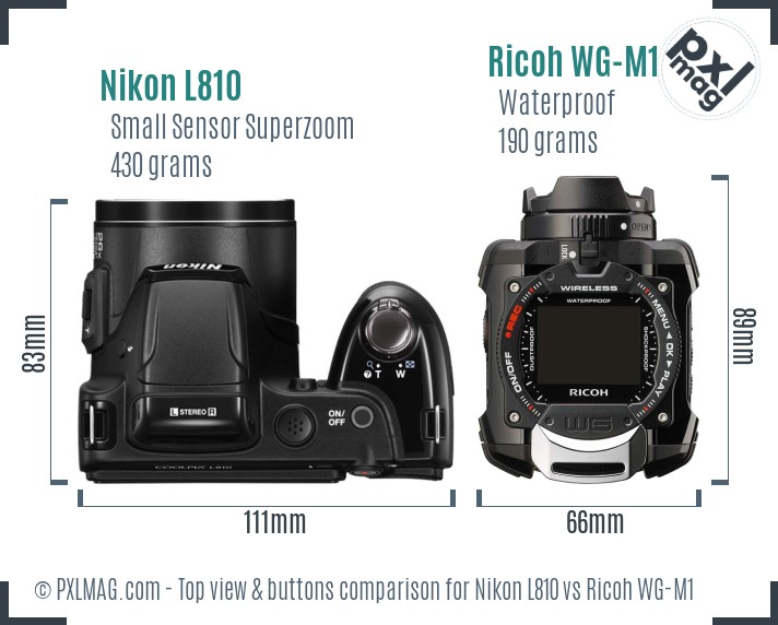 Nikon L810 vs Ricoh WG-M1 top view buttons comparison