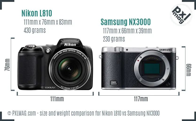 Nikon L810 vs Samsung NX3000 size comparison