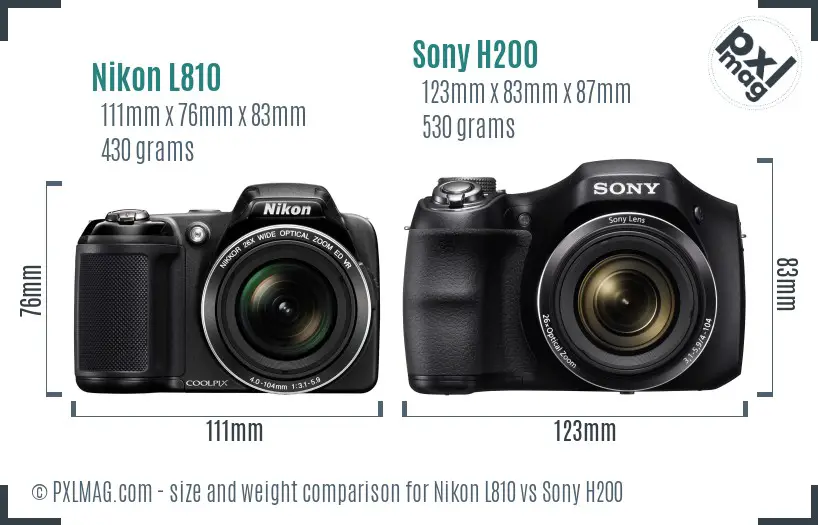 Nikon L810 vs Sony H200 size comparison
