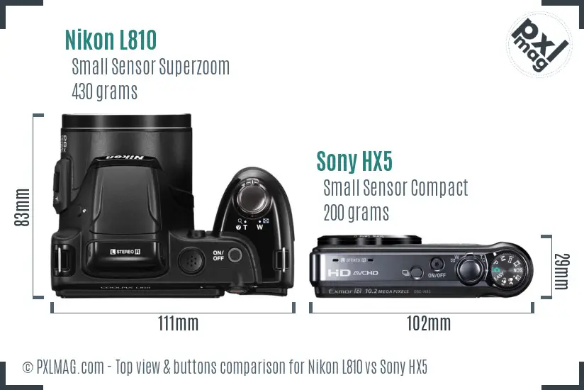 Nikon L810 vs Sony HX5 top view buttons comparison
