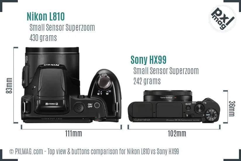 Nikon L810 vs Sony HX99 top view buttons comparison
