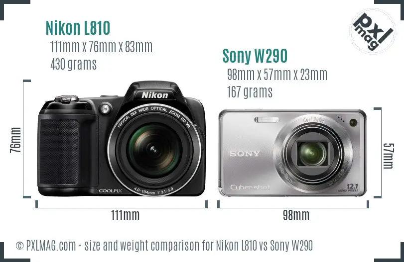 Nikon L810 vs Sony W290 size comparison