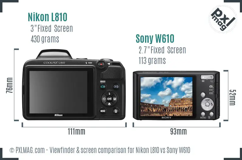 Nikon L810 vs Sony W610 Screen and Viewfinder comparison
