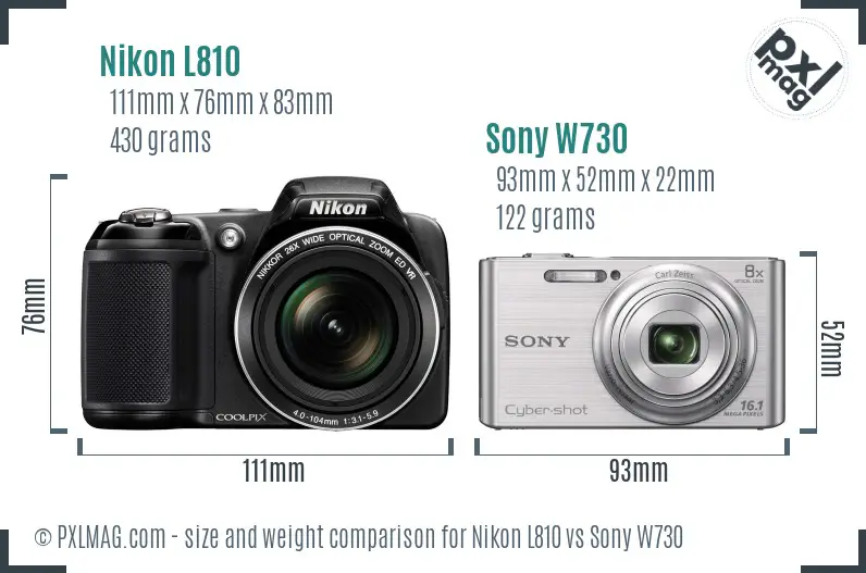 Nikon L810 vs Sony W730 size comparison