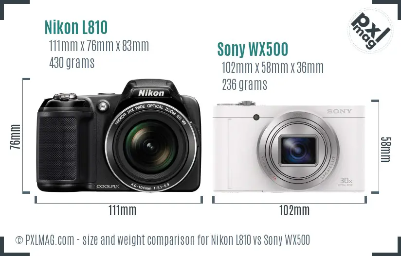 Nikon L810 vs Sony WX500 size comparison