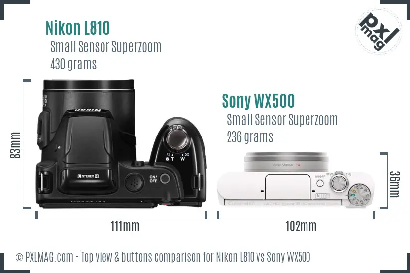 Nikon L810 vs Sony WX500 top view buttons comparison