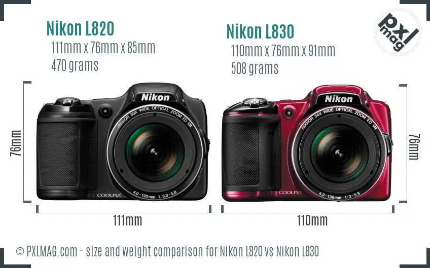 Nikon L820 vs Nikon L830 size comparison
