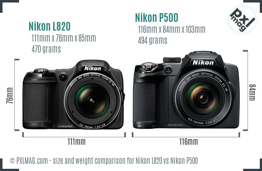 Nikon L820 vs Nikon P500 size comparison