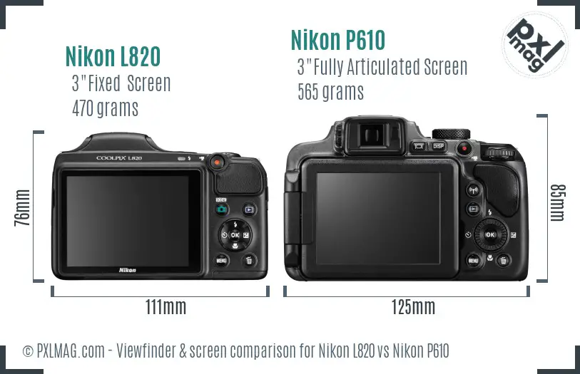 Nikon L820 vs Nikon P610 Screen and Viewfinder comparison