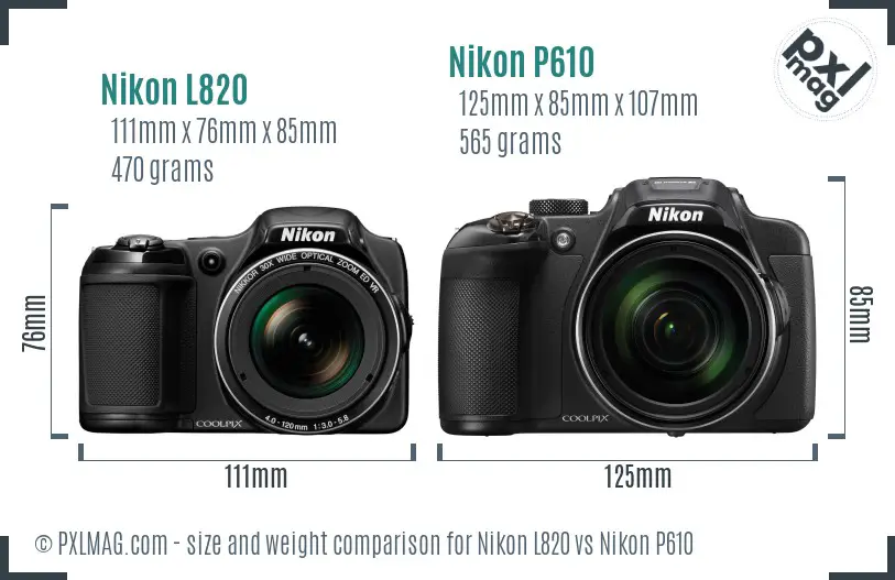 Nikon L820 vs Nikon P610 size comparison