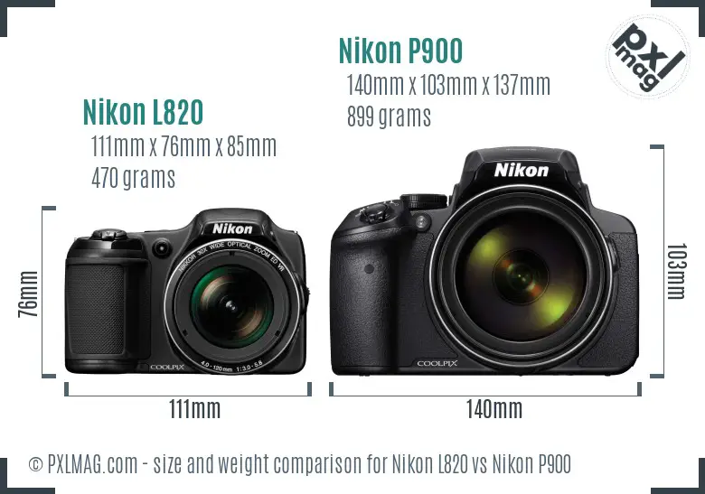 Nikon L820 vs Nikon P900 size comparison