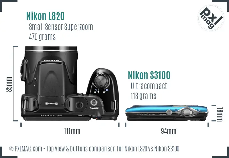 Nikon L820 vs Nikon S3100 top view buttons comparison