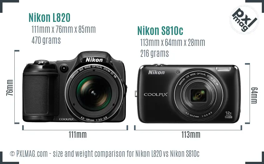 Nikon L820 vs Nikon S810c size comparison