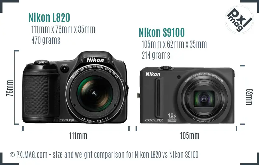 Nikon L820 vs Nikon S9100 size comparison