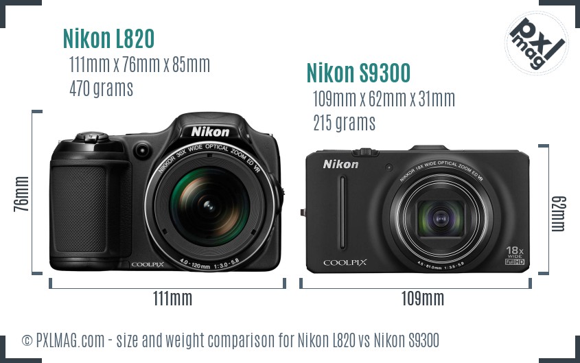 Nikon L820 vs Nikon S9300 size comparison