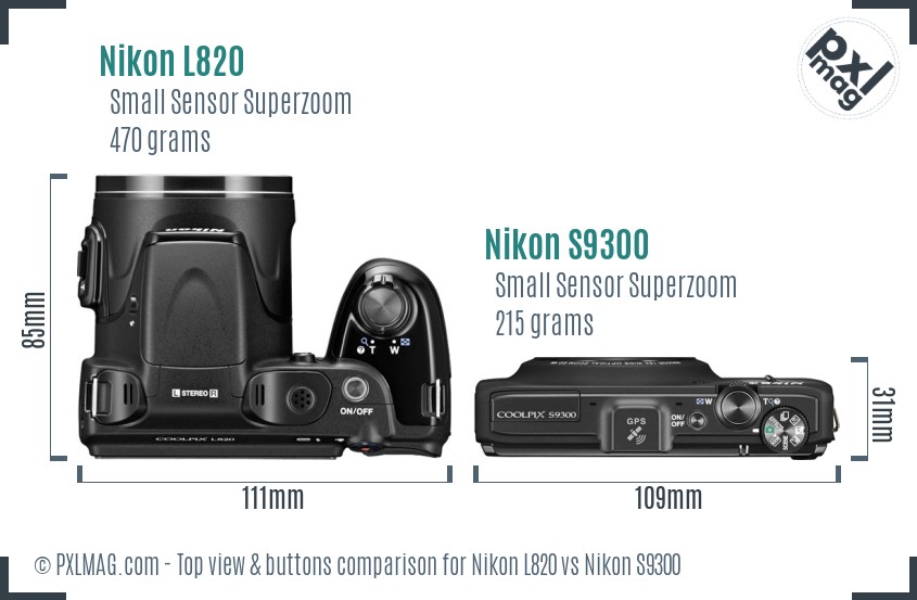 Nikon L820 vs Nikon S9300 top view buttons comparison