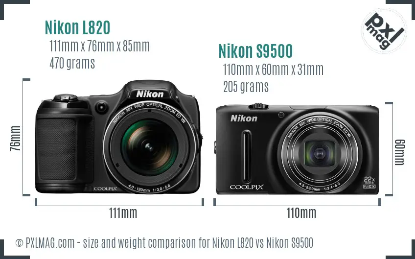 Nikon L820 vs Nikon S9500 size comparison