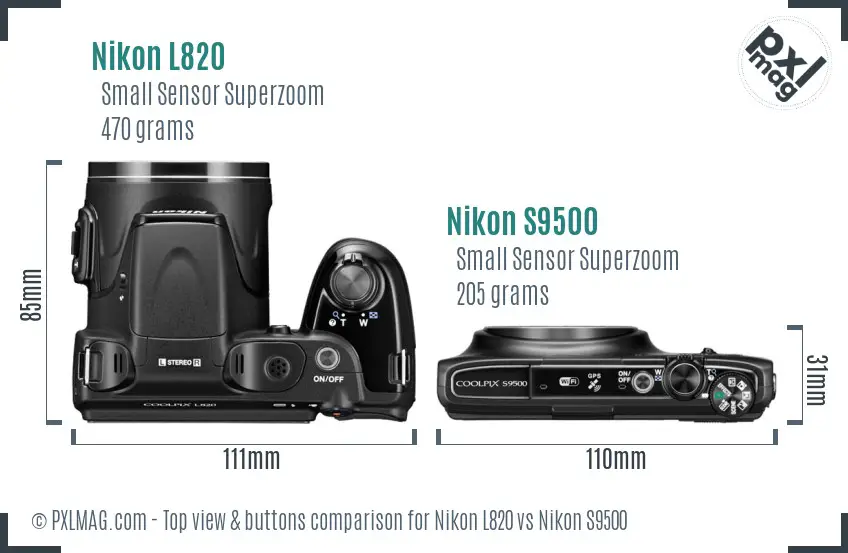 Nikon L820 vs Nikon S9500 top view buttons comparison