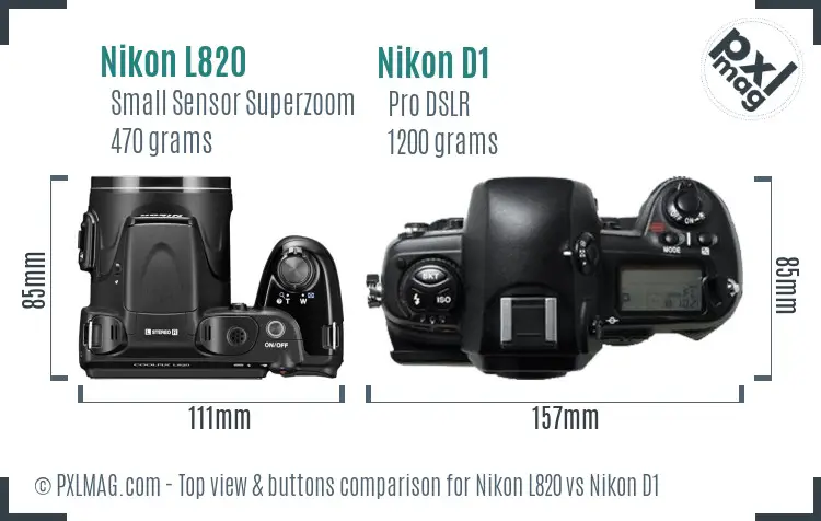 Nikon L820 vs Nikon D1 top view buttons comparison