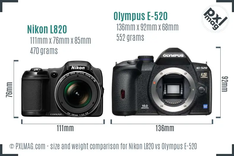 Nikon L820 vs Olympus E-520 size comparison