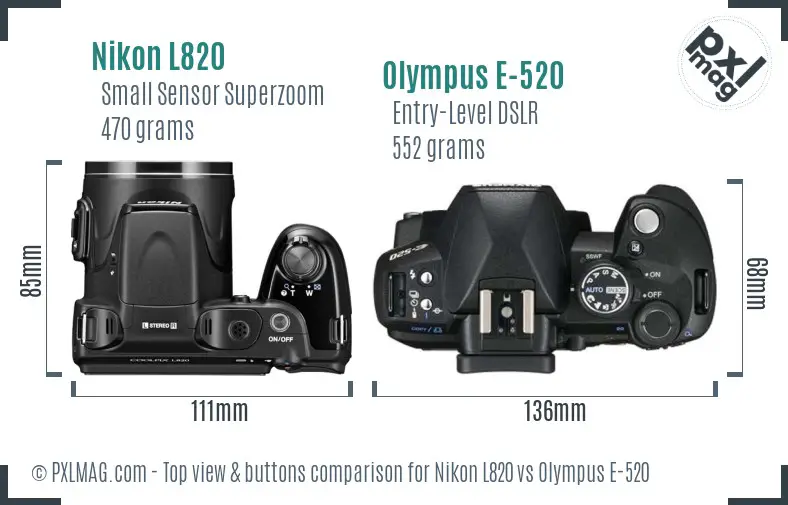 Nikon L820 vs Olympus E-520 top view buttons comparison