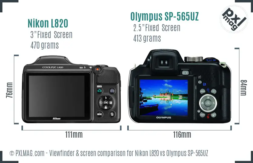 Nikon L820 vs Olympus SP-565UZ Screen and Viewfinder comparison