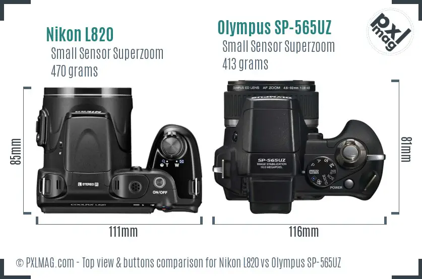 Nikon L820 vs Olympus SP-565UZ top view buttons comparison