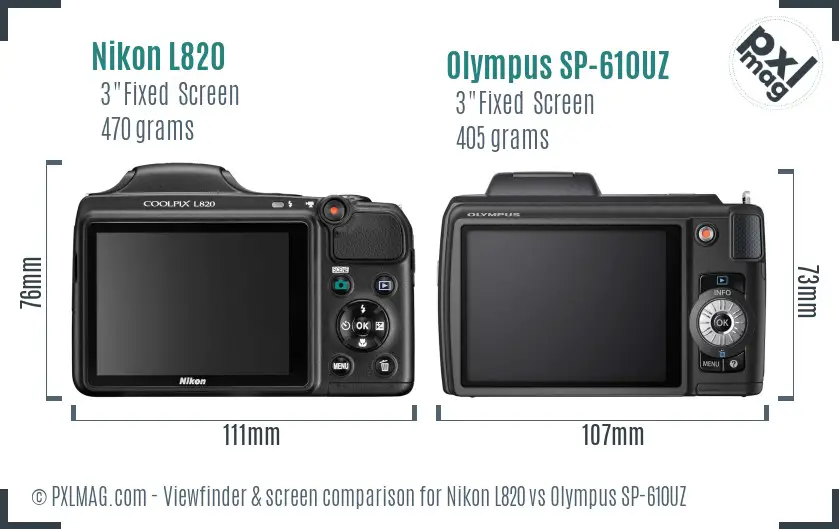 Nikon L820 vs Olympus SP-610UZ Screen and Viewfinder comparison