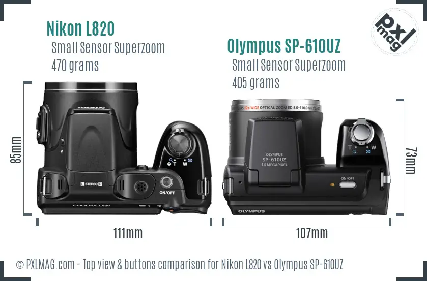 Nikon L820 vs Olympus SP-610UZ top view buttons comparison