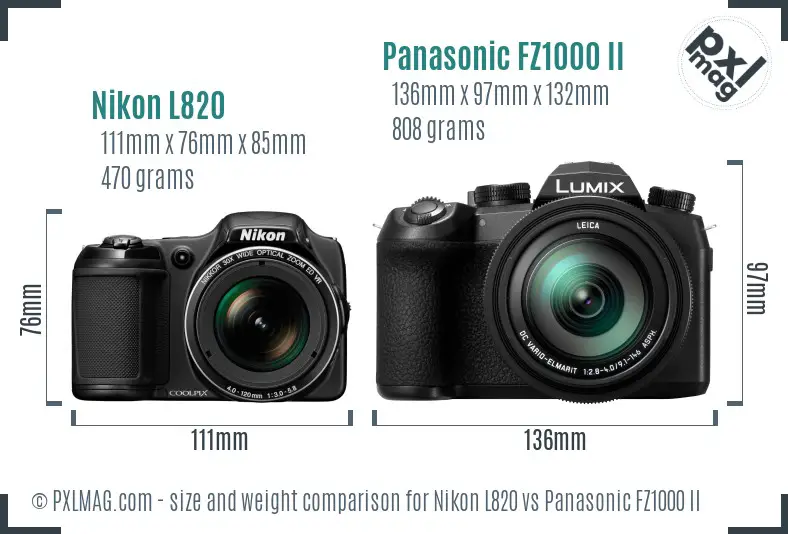 Nikon L820 vs Panasonic FZ1000 II size comparison