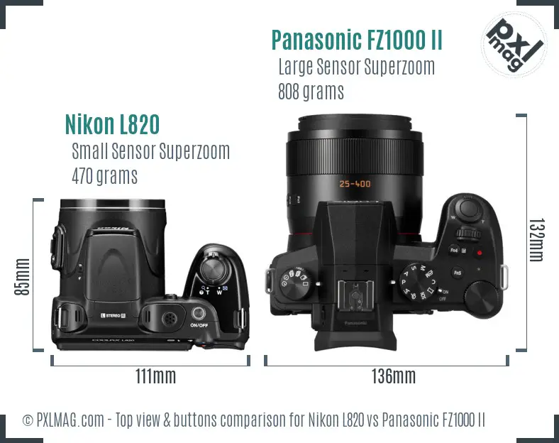 Nikon L820 vs Panasonic FZ1000 II top view buttons comparison