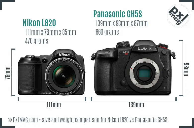 Nikon L820 vs Panasonic GH5S size comparison