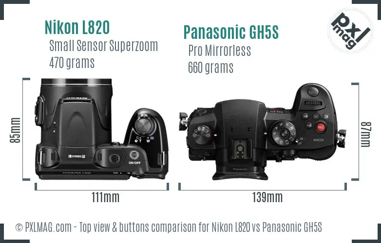 Nikon L820 vs Panasonic GH5S top view buttons comparison