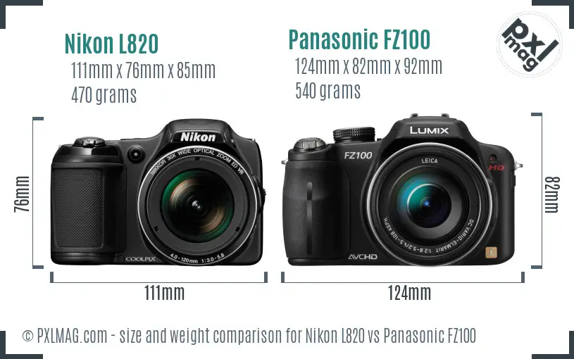 Nikon L820 vs Panasonic FZ100 size comparison