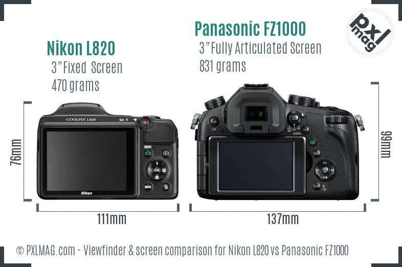 Nikon L820 vs Panasonic FZ1000 Screen and Viewfinder comparison