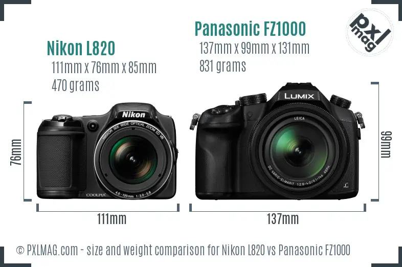 Nikon L820 vs Panasonic FZ1000 size comparison