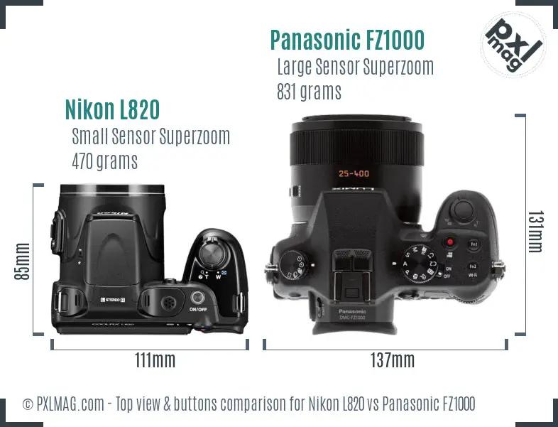 Nikon L820 vs Panasonic FZ1000 top view buttons comparison
