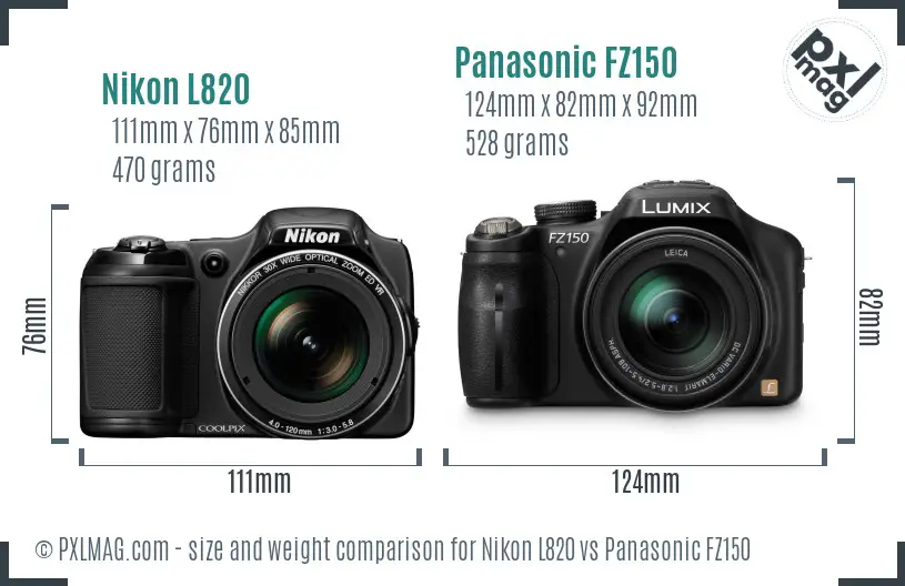 Nikon L820 vs Panasonic FZ150 size comparison