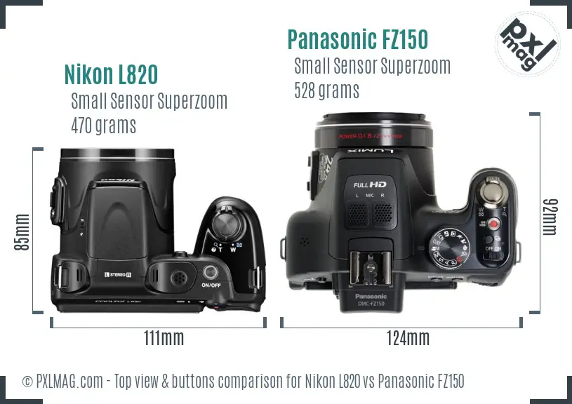 Nikon L820 vs Panasonic FZ150 top view buttons comparison
