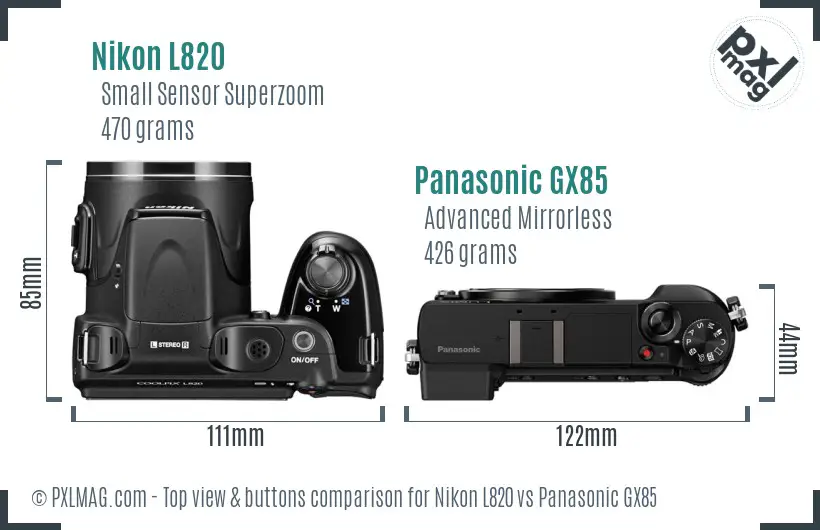 Nikon L820 vs Panasonic GX85 top view buttons comparison