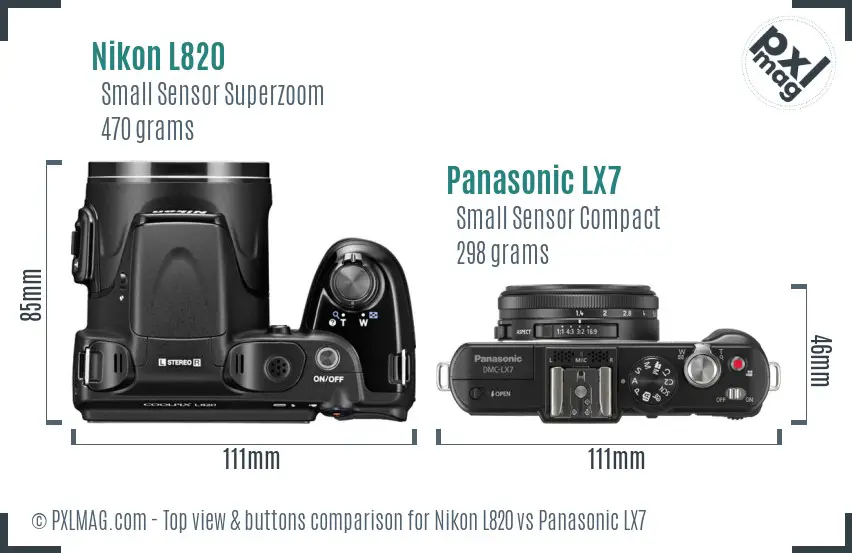 Nikon L820 vs Panasonic LX7 top view buttons comparison