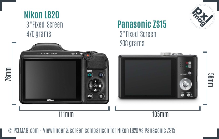 Nikon L820 vs Panasonic ZS15 Screen and Viewfinder comparison