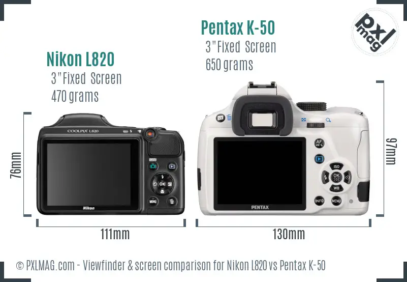 Nikon L820 vs Pentax K-50 Screen and Viewfinder comparison