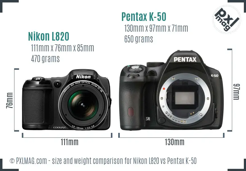 Nikon L820 vs Pentax K-50 size comparison