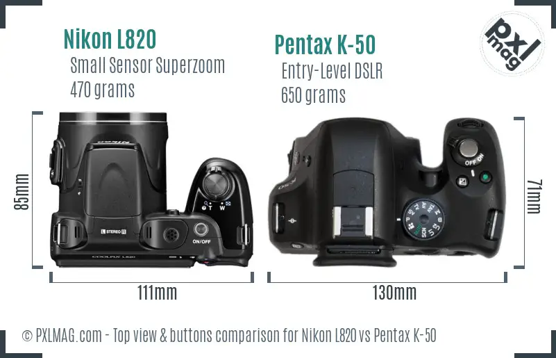 Nikon L820 vs Pentax K-50 top view buttons comparison