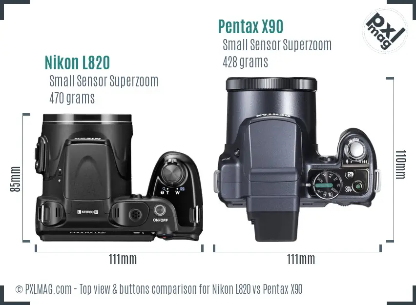 Nikon L820 vs Pentax X90 top view buttons comparison Nikon L820 vs Pentax X90 top view buttons comparison