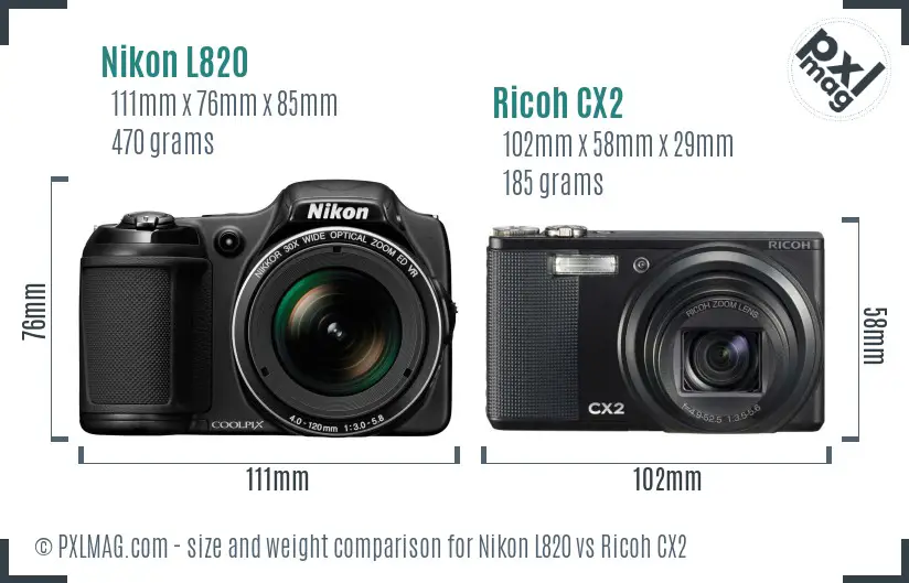 Nikon L820 vs Ricoh CX2 size comparison
